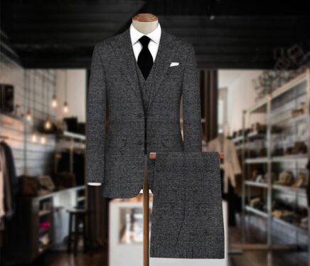 Black & Grey Herringbone Wool Tweed Fabric