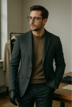 A textured Blazer with a warm sweater