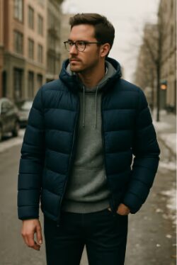 puffer jacket with casual layers
